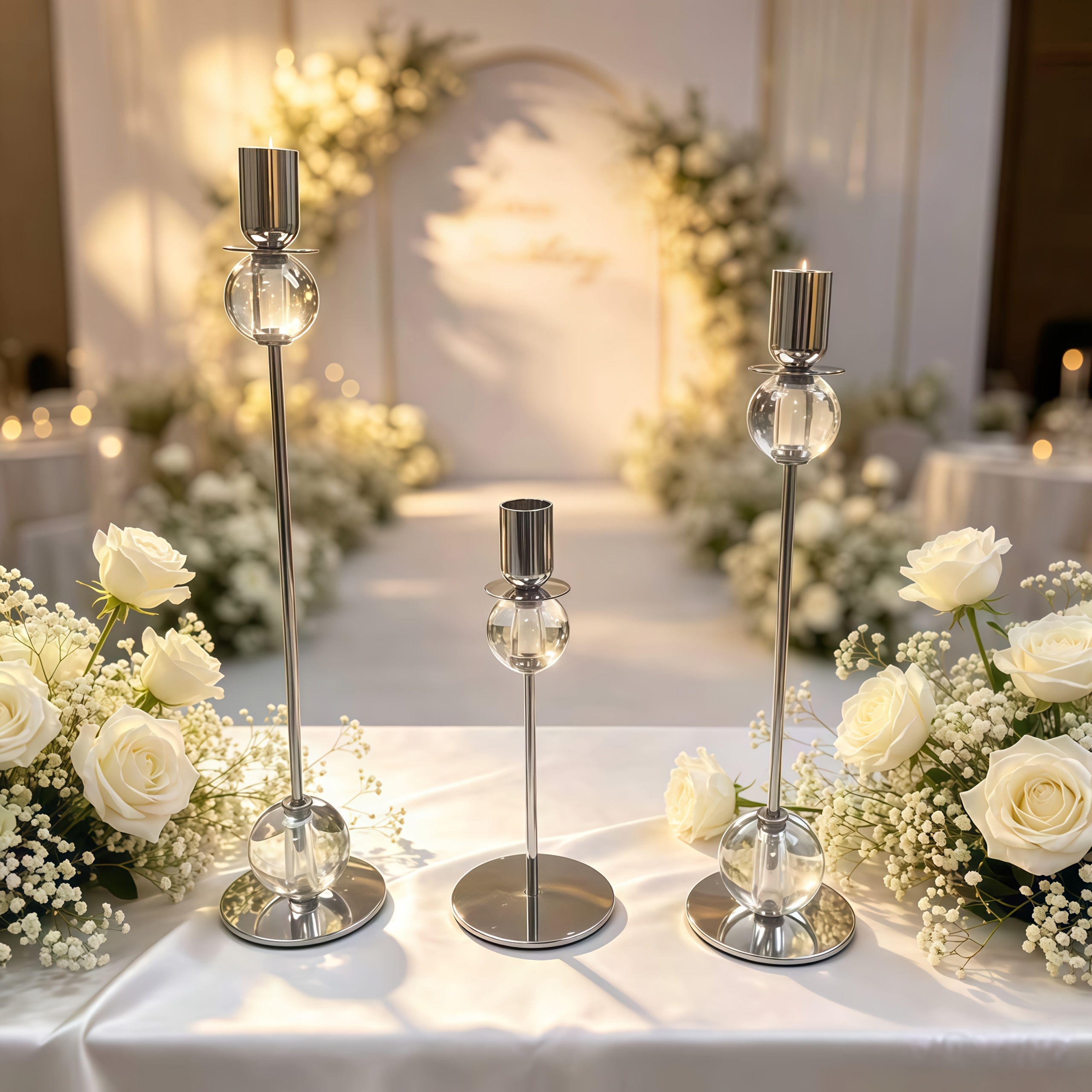 3pcs Crystal Taper Candle Holder - Silvery Metal Candlestick with Glass Ball, Modern Tall And Short Candle Holders for Wedding, Dining Room, Living Room, Home Decor, Wedding Table Centerpieces, Dining Table, Family Party Decorations