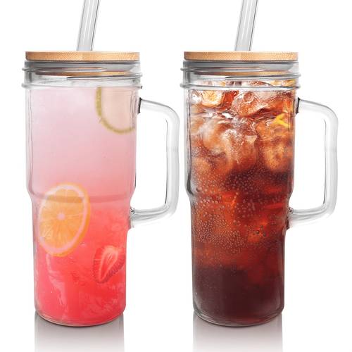 tumbler with handle 24oz glass clear mason jar mug with bamboo lid and stainless steel straw cute reusable drinking cup for iced coffee smoothies tea water