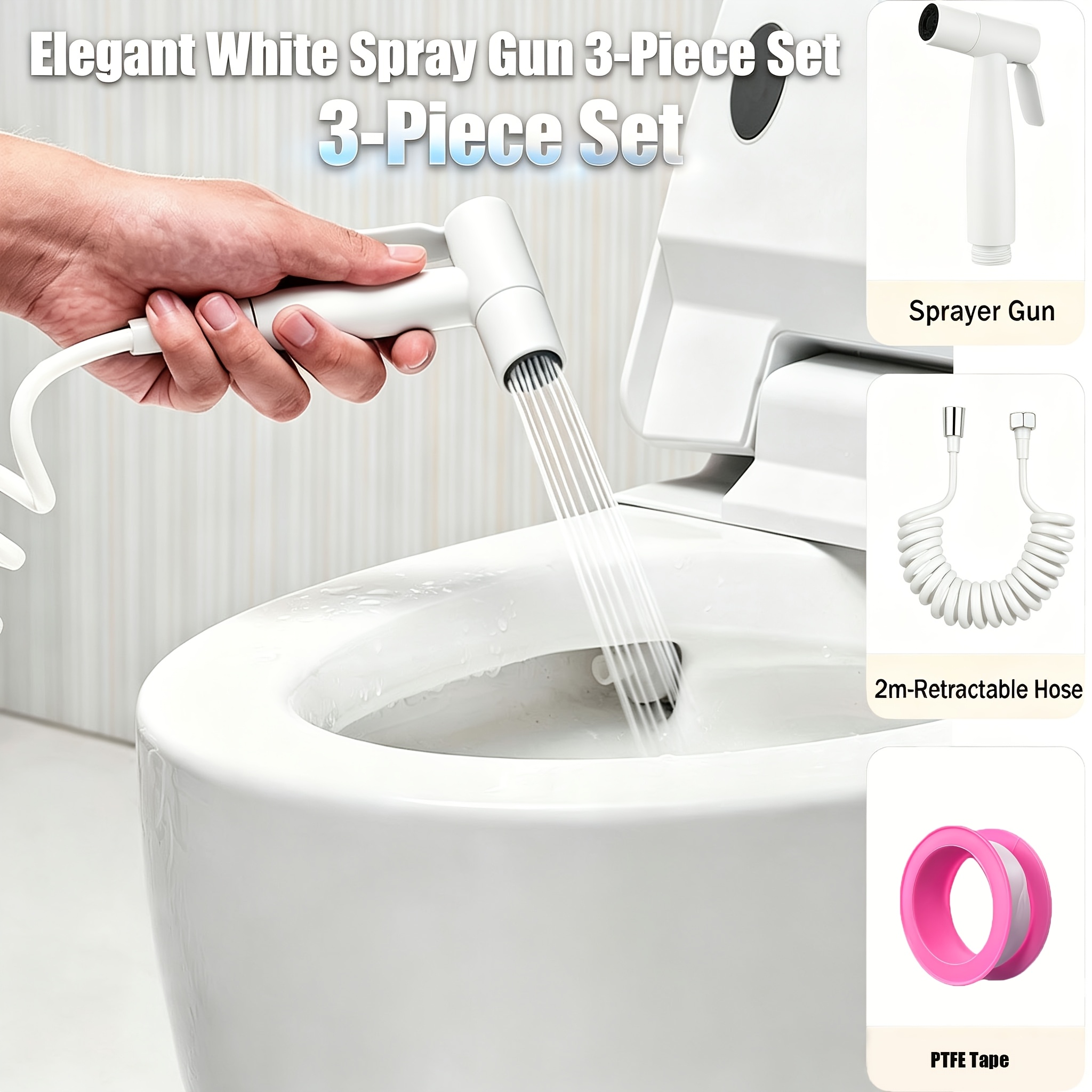 TEMU Elegant White Handheld Pressure Washer Spray Gun 3pcs Set, With A 2-meter Retractable Spring Hose And Cable Ties. Features Powerful Water Output