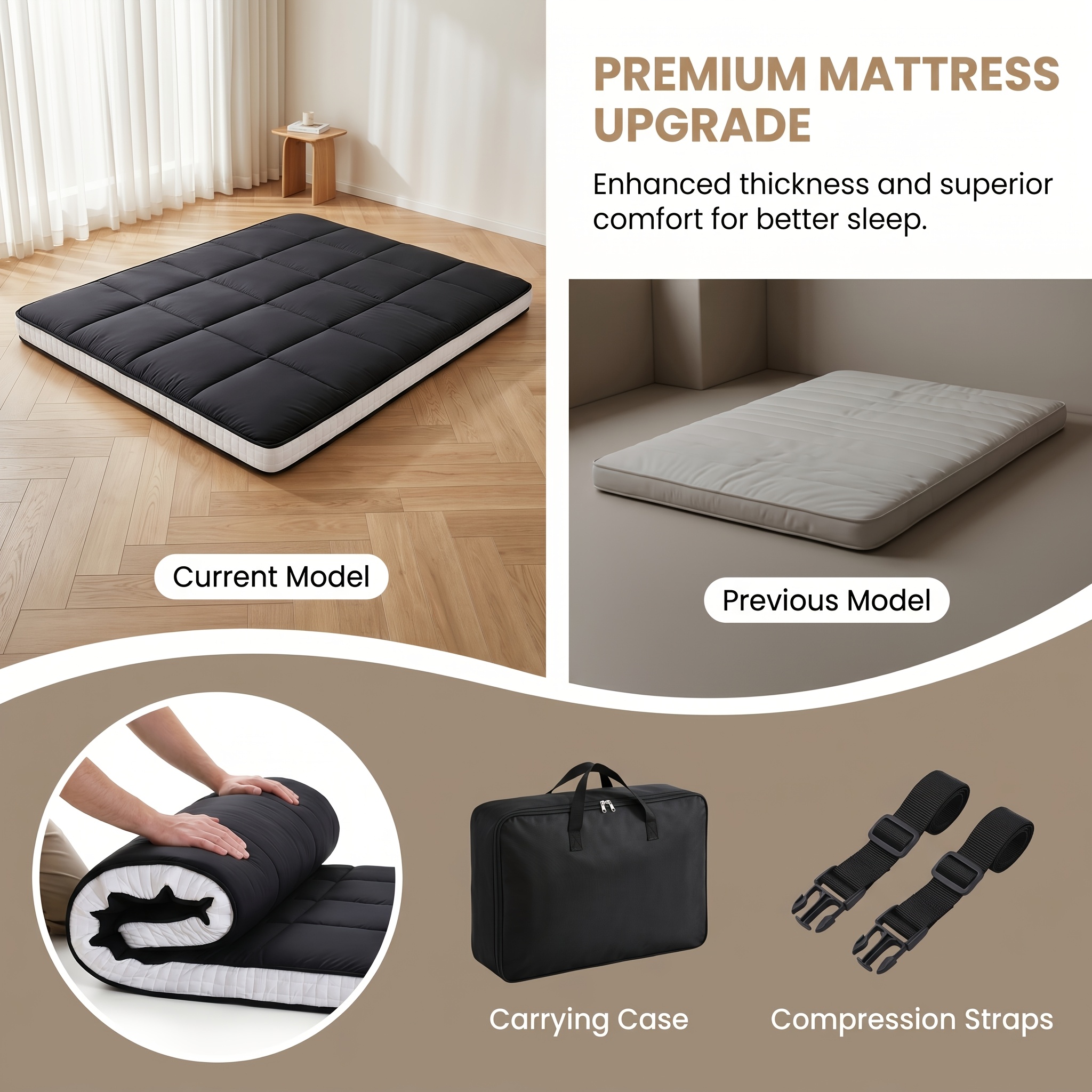 LILYPELLE Japanese Futon Mattress, Folding Sleeping Pad Futon, Portable Camping Mattress With Storage Bag, Black