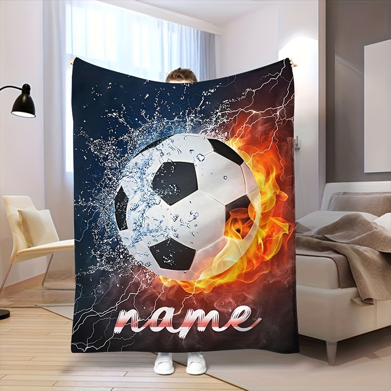 

Customizable Soccer Ball Flame & Flannel Blanket - , Personalized Name Option, Hypoallergenic, Machine Washable,