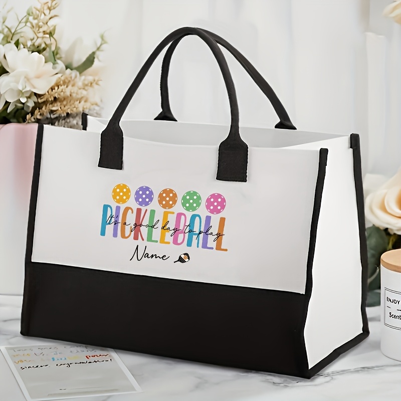 1pc personalized pickleball canvas tote bag custom name large white   with colorful pickleball patterns durable polyester material perfect gift for pickleball enthusiasts pickleball accessories
