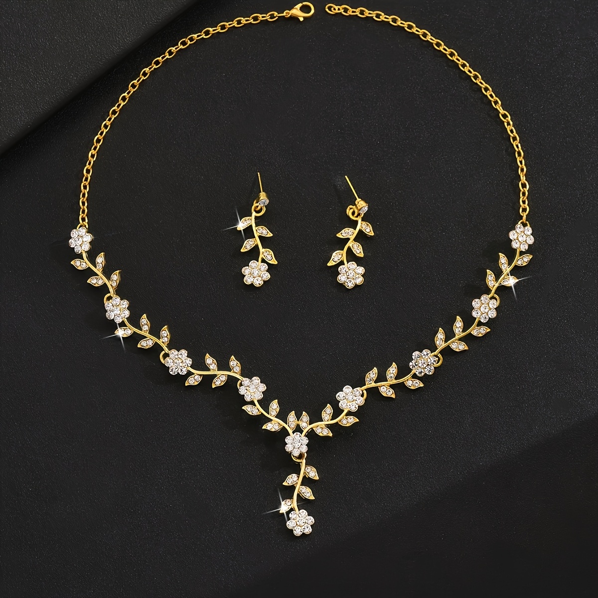 3pc Rhinestone Flower Jewelry Set - Necklace Earrings