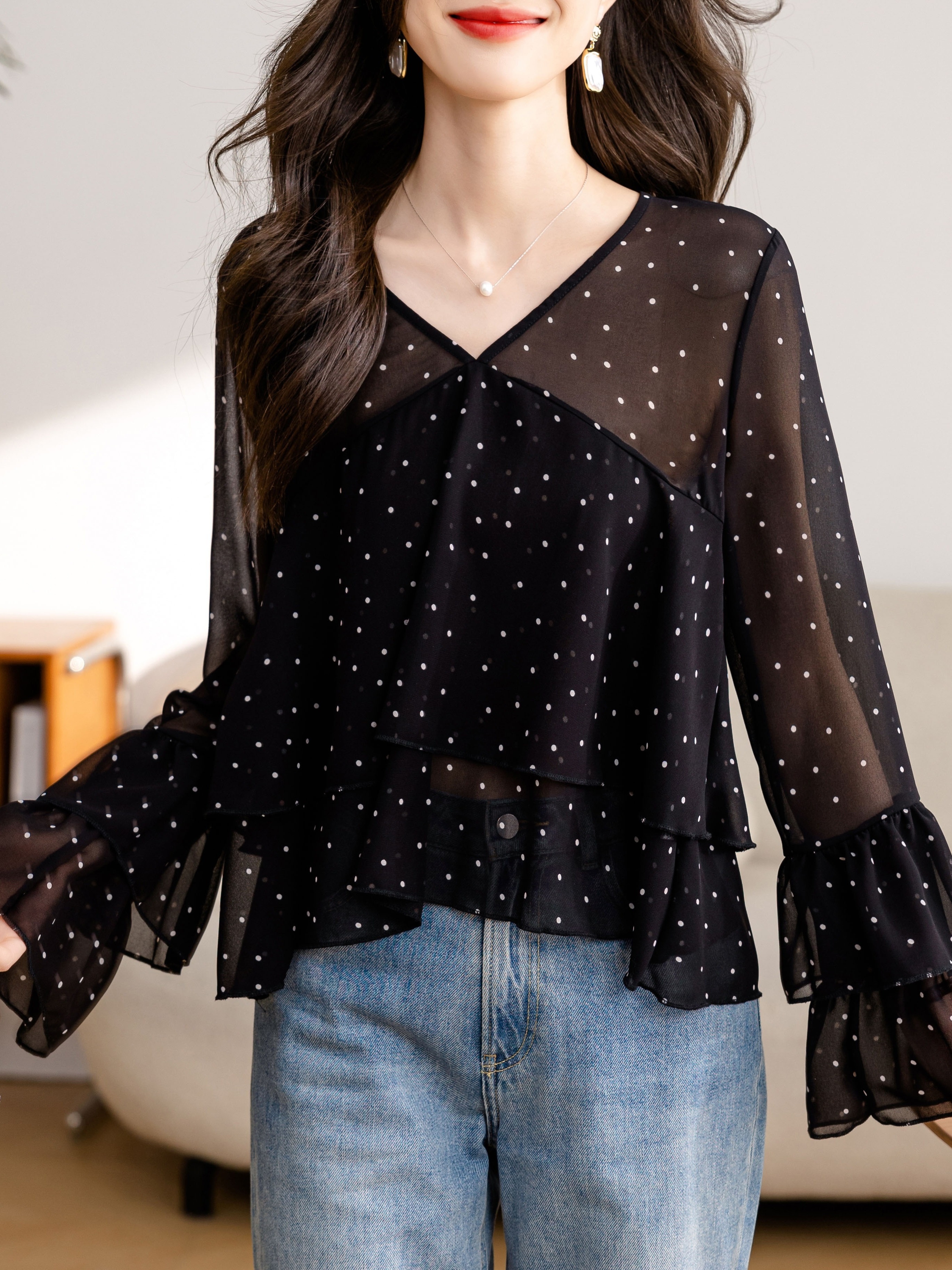 Polka Dot Frill Trim Blouse Flounce Sleeve Elegant Style - Temu