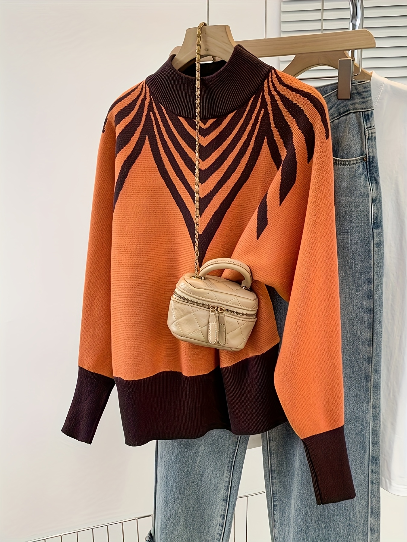 womens elegant batwing sleeve color block sweater autumn winter warm pullover with stand up collar loose fit machine washable   black white beige cute sweater   soft texture apparel   red 0
