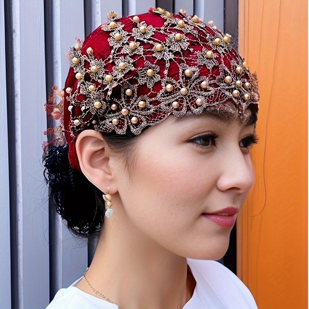 Elegante sombrero de mujer con encaje de cuentas y decal, sombrero musulmán para el cabello de Ramadán, elástico, y,…: retailer-supplied image