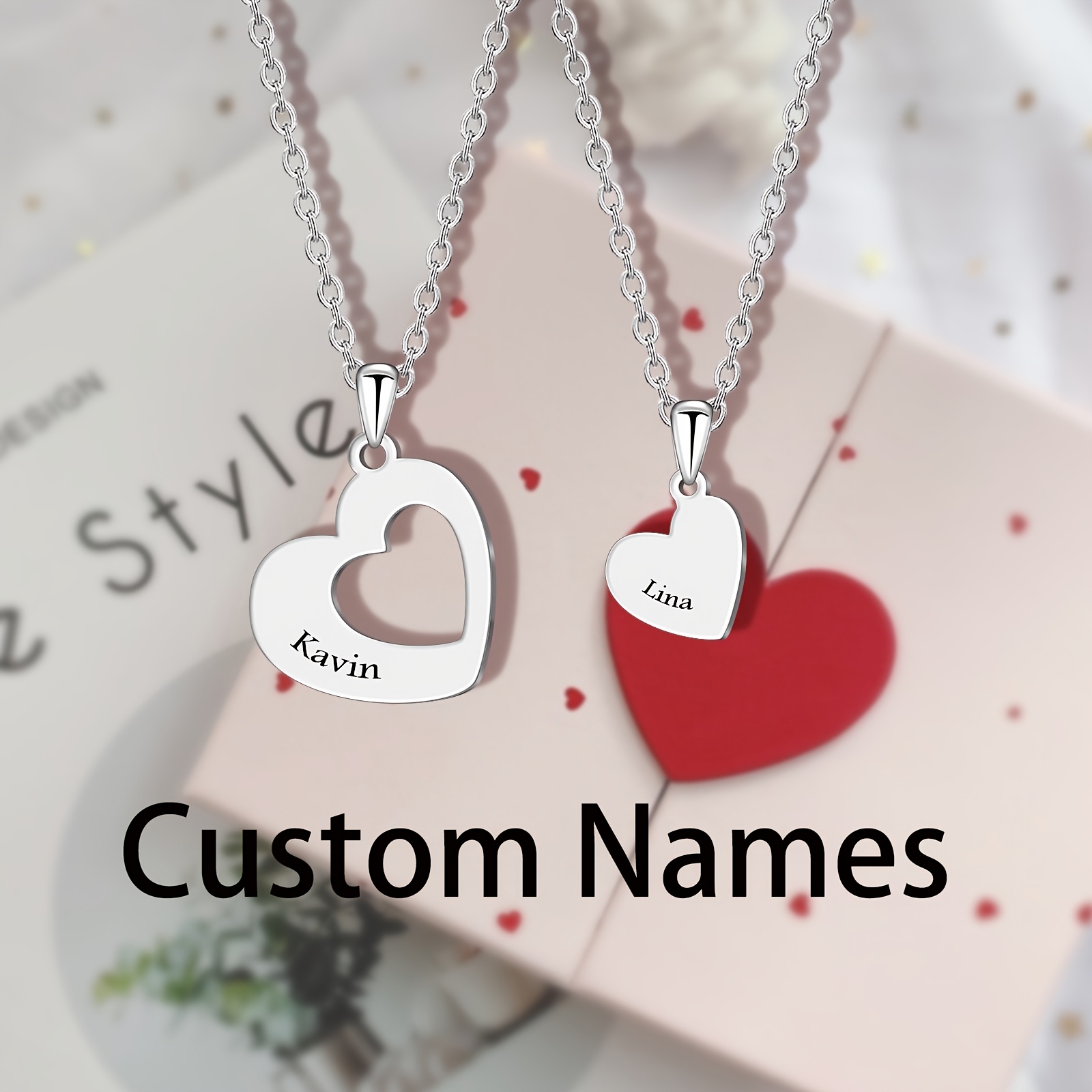 custom name heart necklace set couple parent child double Temu