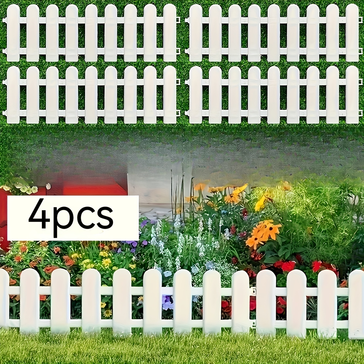 TEMU 4pcs Garden Fence Set, Including 8pcs Ground Stakes, White Garden Fence Set - Windproof And Rainproof Pvc , Suitable For Lawns, Flower Beds, And