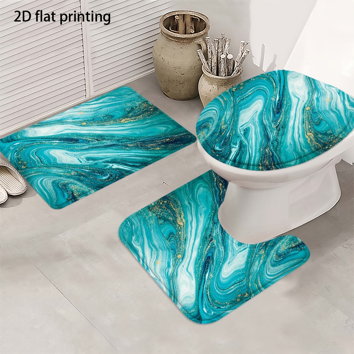4pcs Ocean Style Shower Curtain Set with Elegant Teal Marble Texture