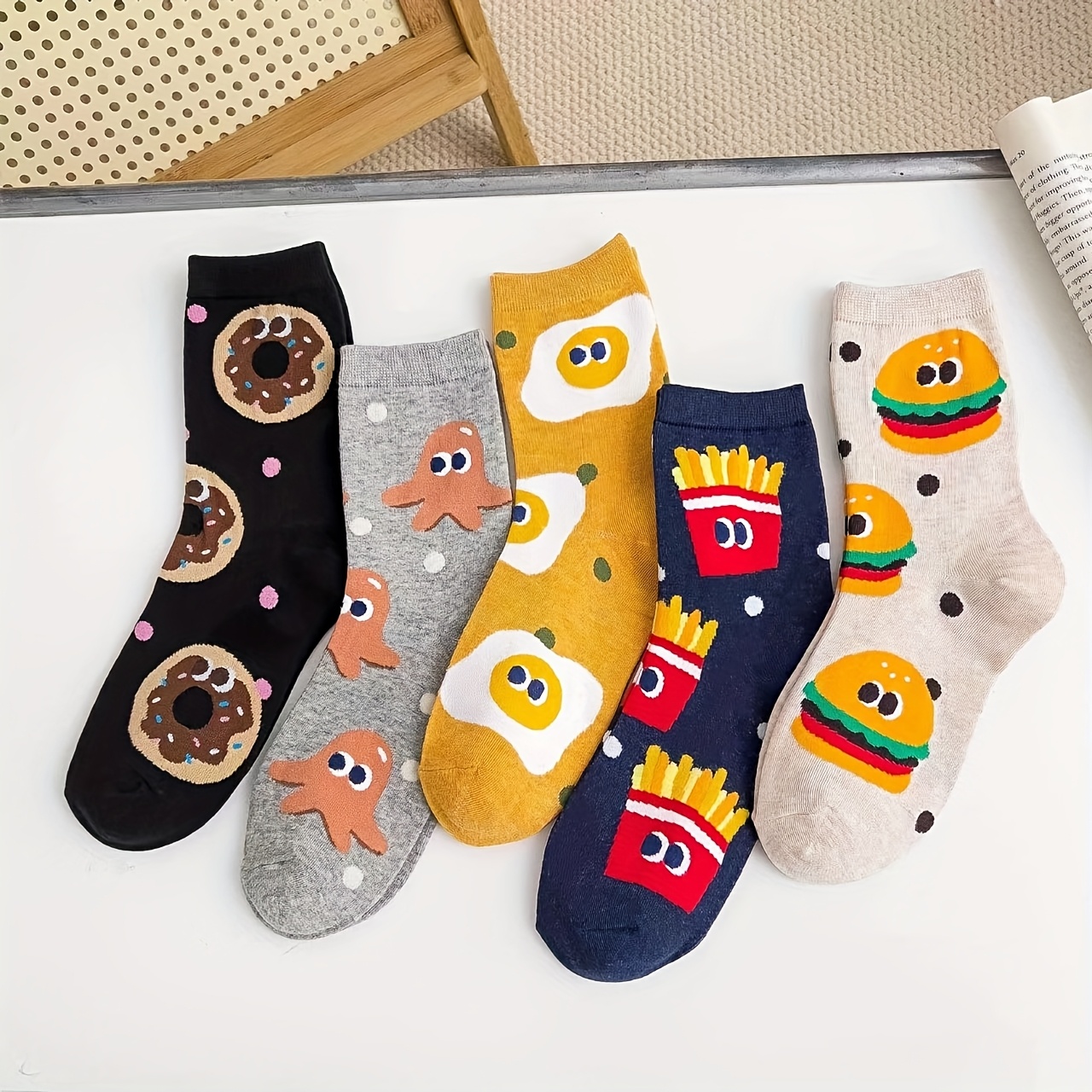 

Fun Cartoon Snack-themed Knee-length Socks - Polyester With Elastane, Knit Fabric, Food Patterns With Big- Hamburgers, Donuts, Octopus, 5 Pair Pack, Unisex, Suitable For All