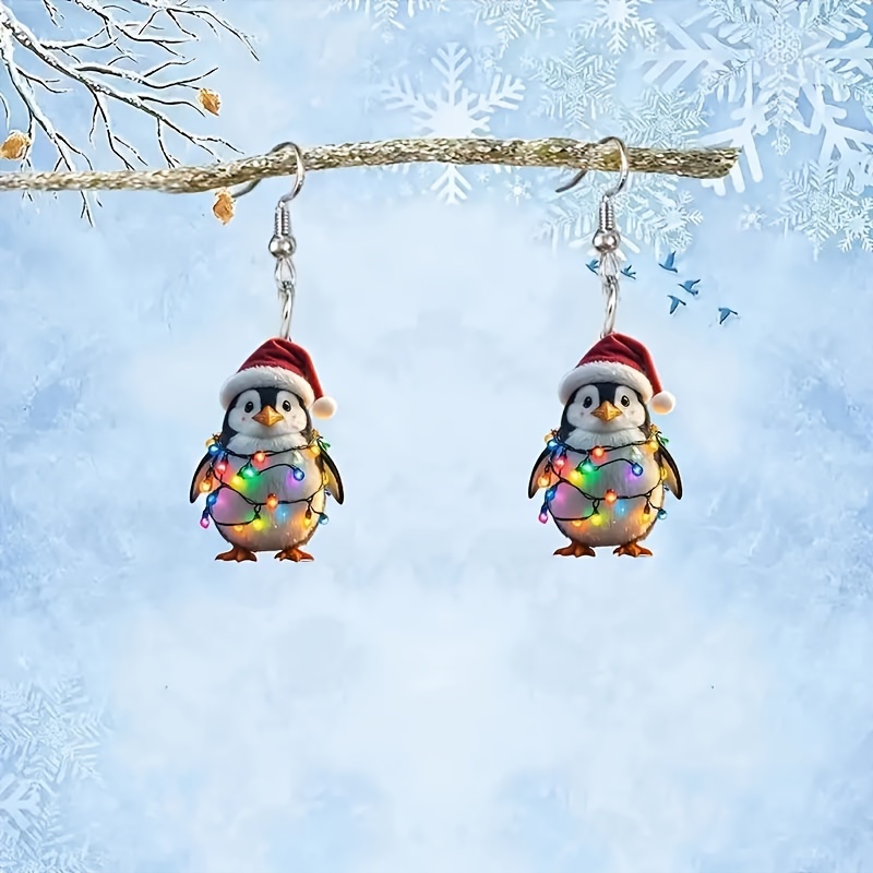 

Penguin With Christmas Hat Acrylic Dangle Earrings - Holidays, Birthdays & Parties