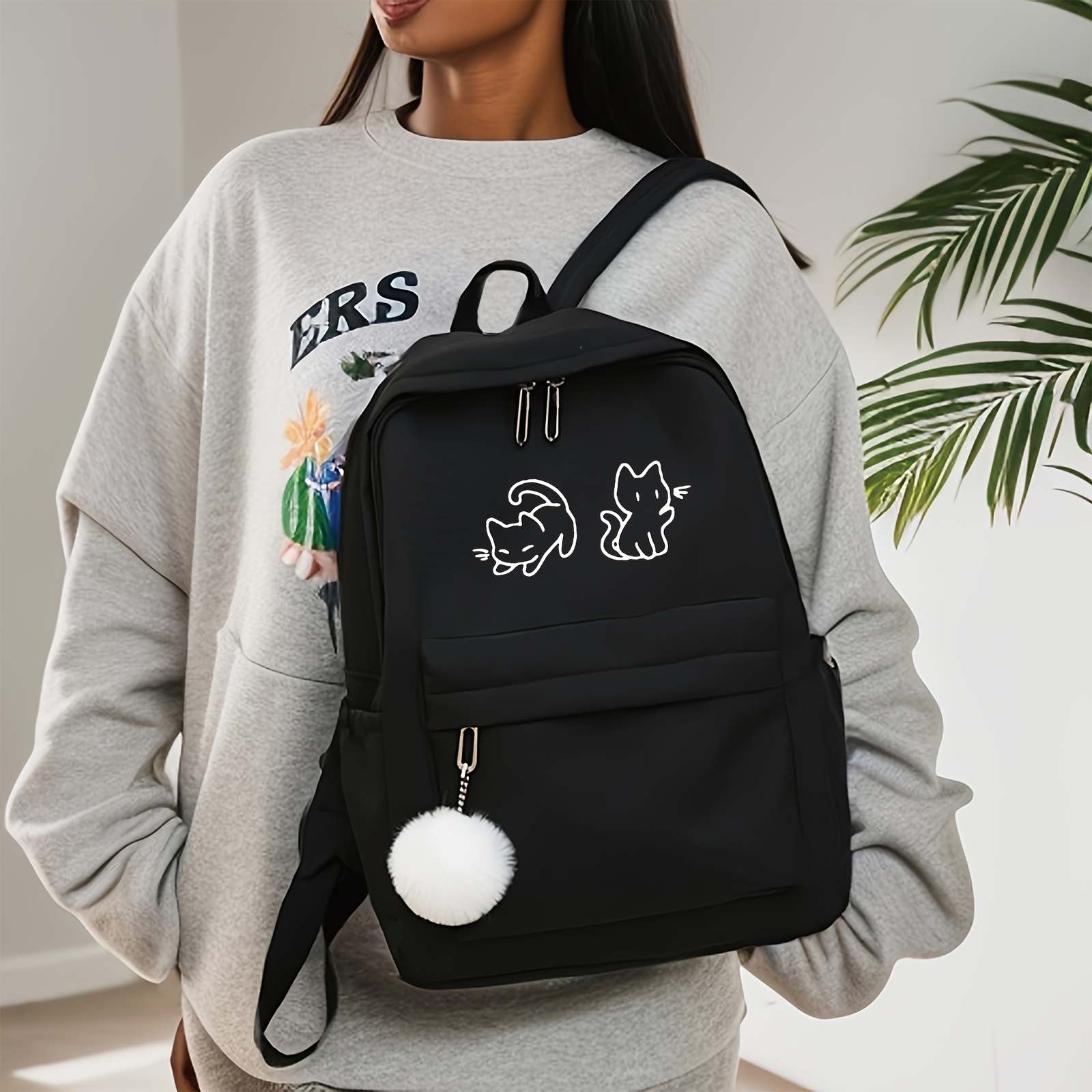 * Nylon Backpack with Adorable * - * Lightweight & Versatile for Travel,  School, and Everyday Use - Adjustable Straps, Front Zipper Pocket, and Cute  Cat Illustrations, Backpack for Travel