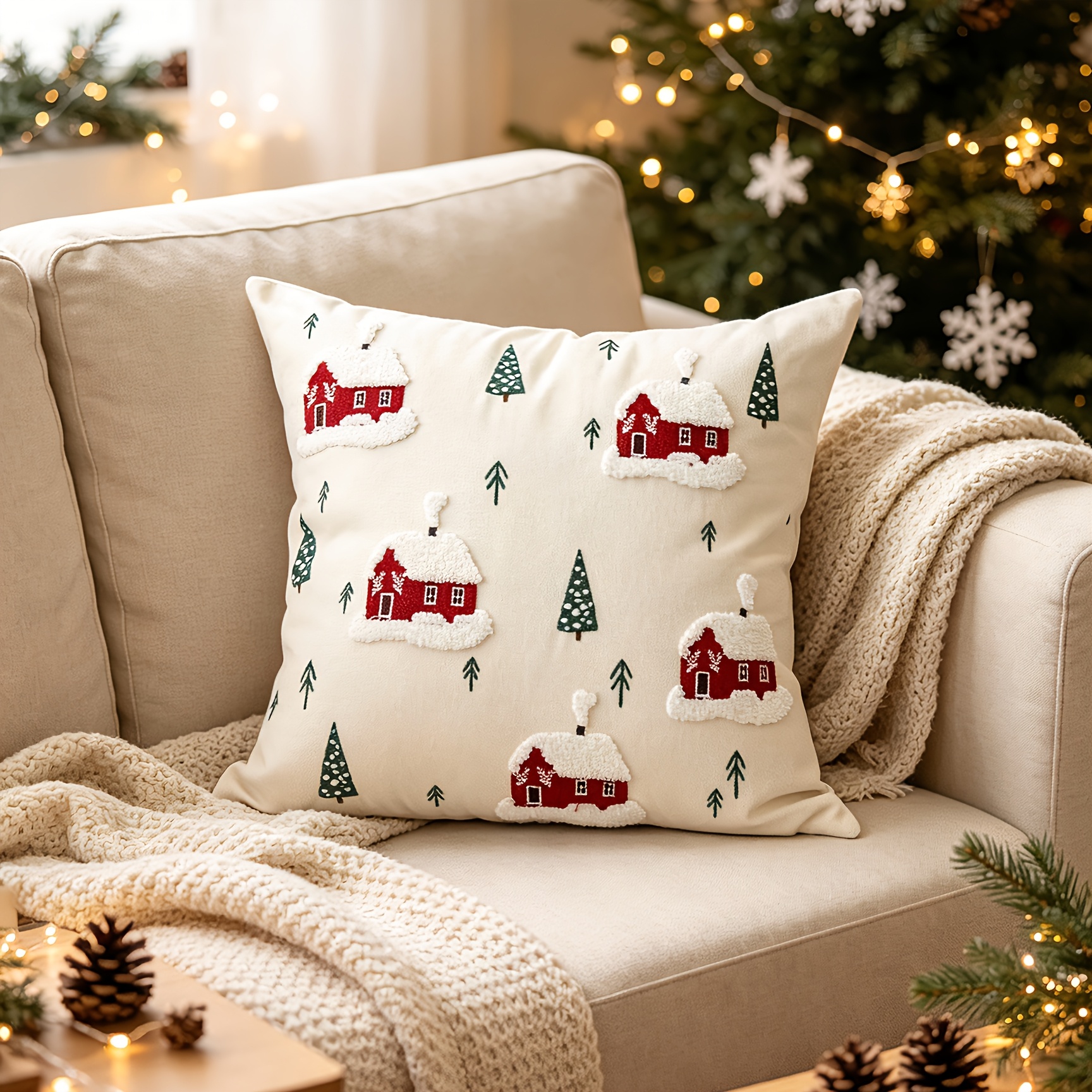 TEMU per cuscino lombare decorativa 1 pz 1 pz stile retr簷 con a pellet di albero di Natale - Morbida tela con chiusura a cerniera adatta per , solo