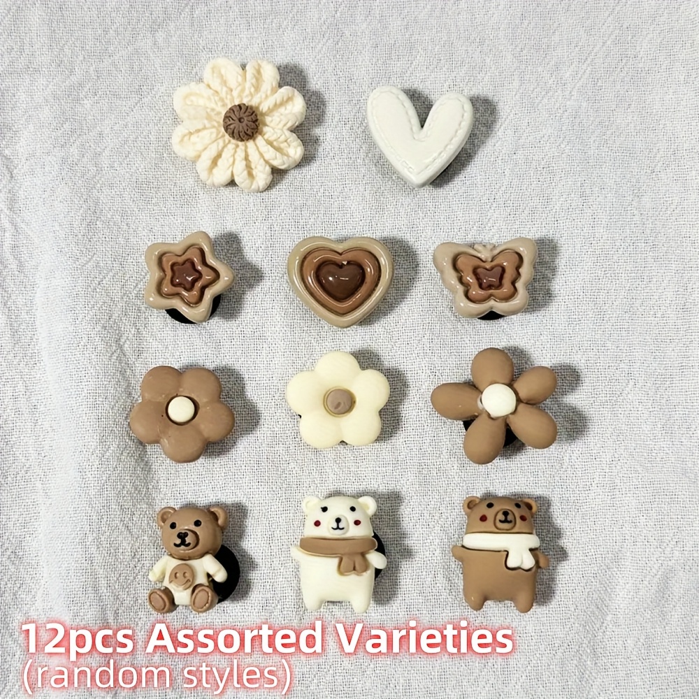 Image of 12pcs Random/set Bear Themed Plastic Shoe Charms, Pack Of Flower And Heart Designs For Shoe Decoration - Set