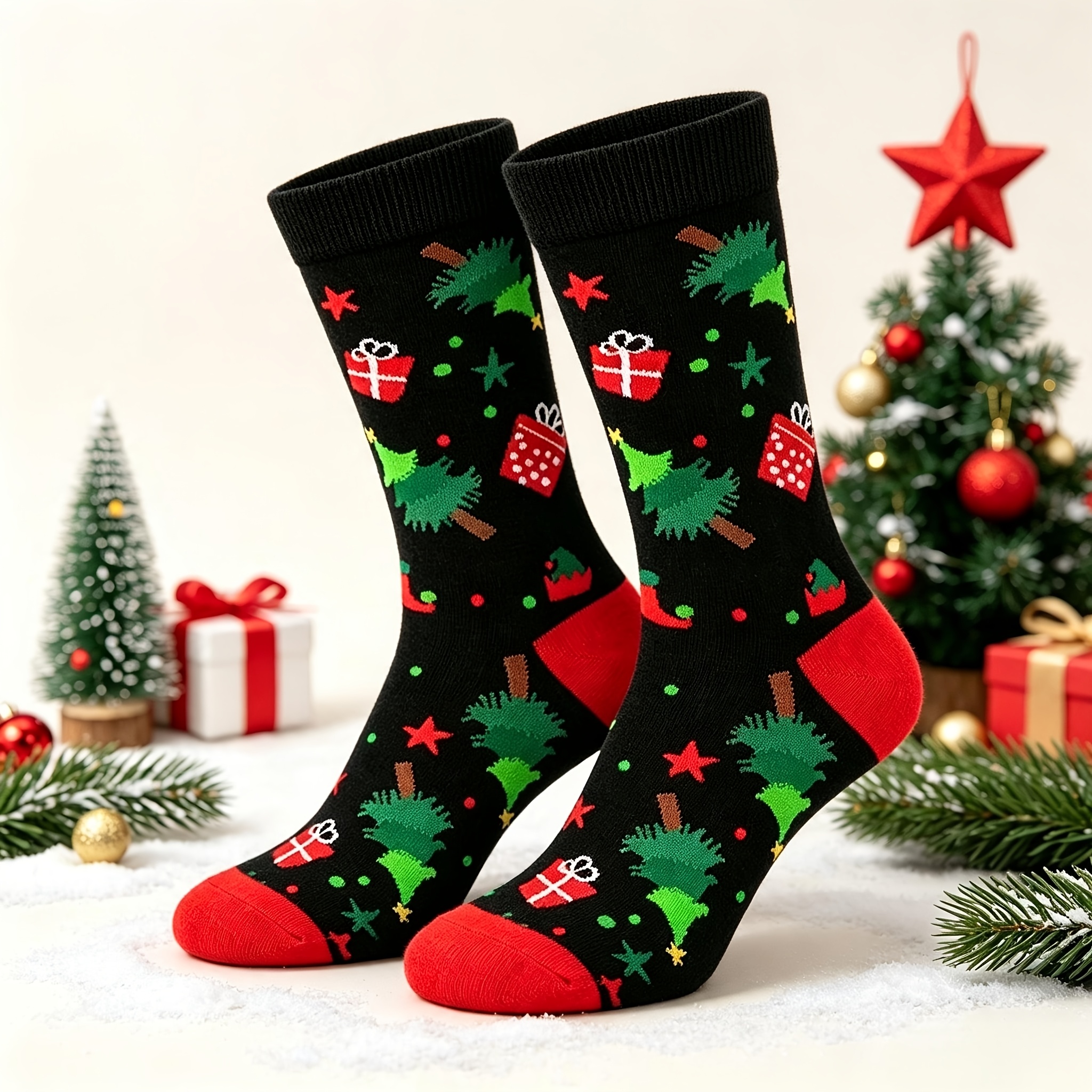 TEMU 1 Pair Men's & Unisex Christmas Tree Socks - Mid-calf Stretchy Comfortable Full Print Cartoon Star & Tree Patterns, Gift Box Suitable For Party,