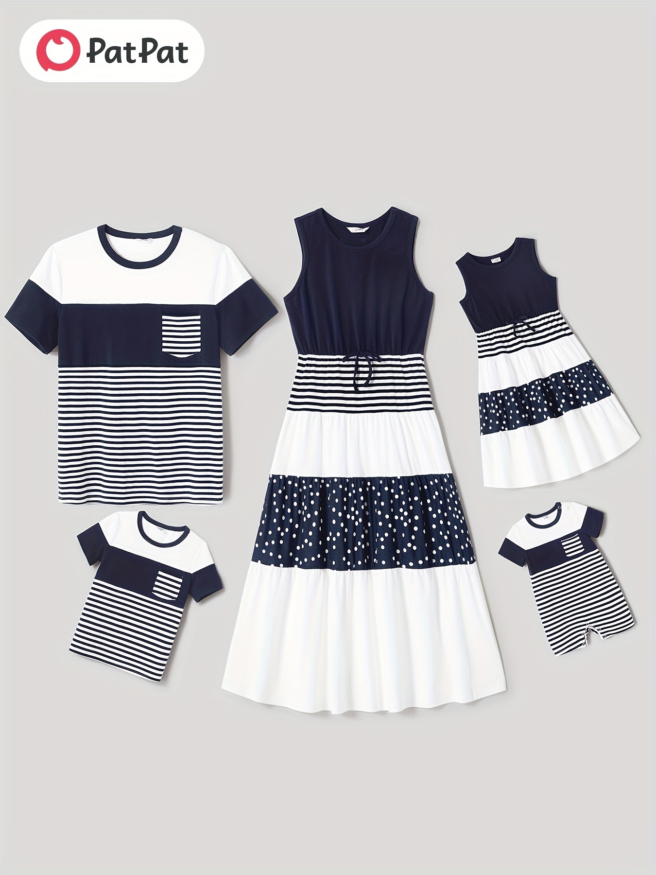 Family Matching Button Front Blue Tank Dresses and Striped Short-sleeve T-shirts Sets
