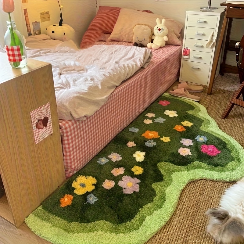 Fluffy Green Moss Flower Area Mat - Soft Polyester, Non-Slip, Washable, Indoor Decor for Bedroom, Living Room, and Bedside - Ideal for Easter, Thanksgiving, Father'S Day, and Mother'S Day, Bedroom Decor | Floral Pattern Mat | Machine Washable Mat, Bedroom Decor