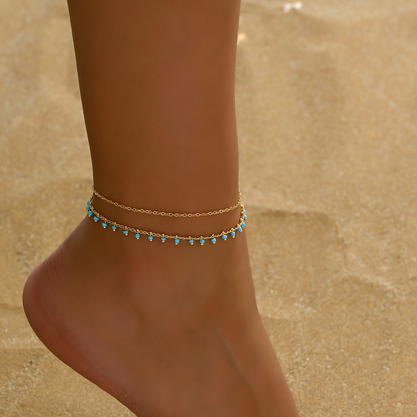 

1pc Double Layer Chain Boho Style Turquoise Anklet Trendy Minimalist Summer Beach Party Wearing Turquoise Anklet