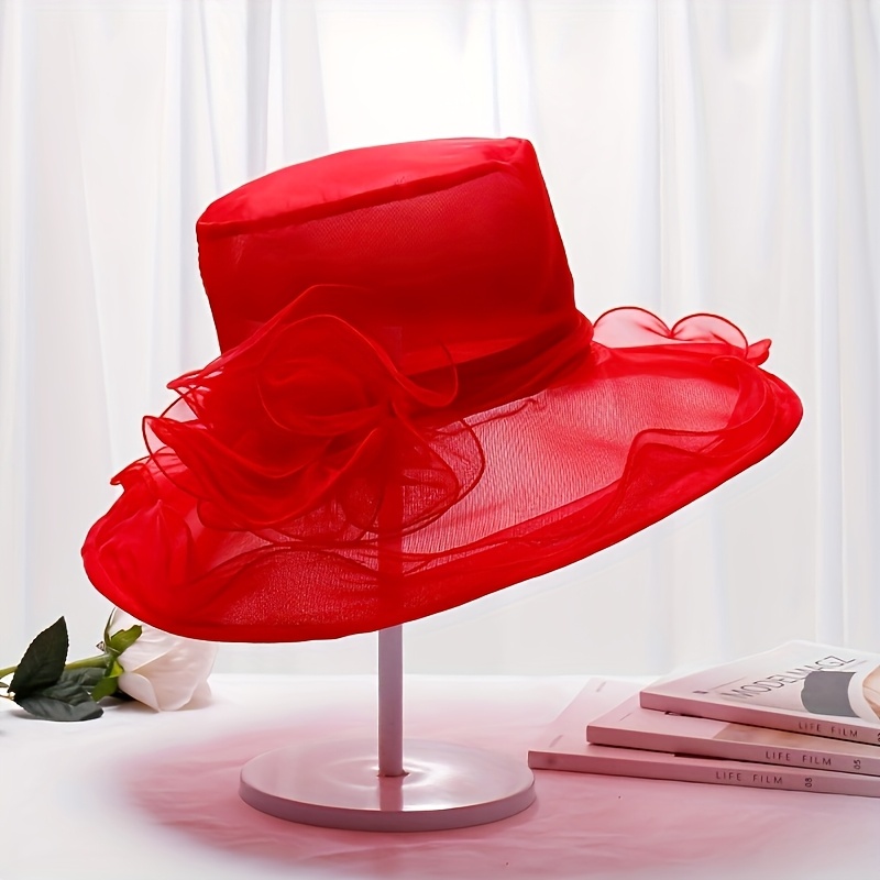 Image of Floral Mesh Top Hat Vintage Elegant Double Layer Tulle Foldable Wide Brim Sun Hat For Women Summer Beach
