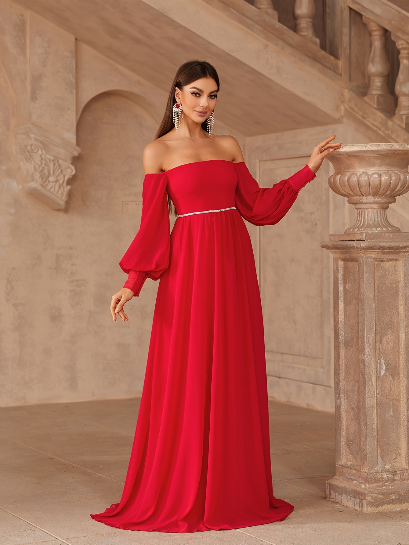 shoulder long sleeve chiffon gown | temu Temu