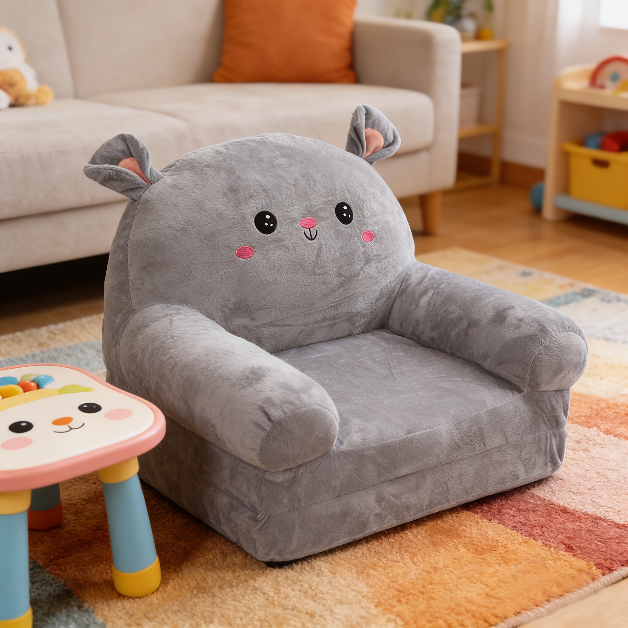 Cozy Kid Folding Sofa, Plush, Washable Lounge Chair for Playroom & Nursery, Gray Dog Style Foldable Wide Handle Soft Breathable Toddler Chair for Reading Relaxing Sleeping(2 Layers)