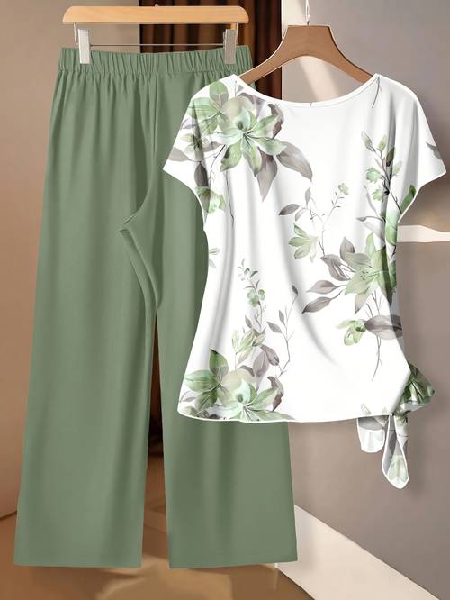 damen bluse mit schleife und lockere, gerade geschnittene hose, 2-teiliges set,