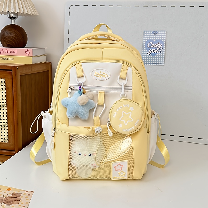 Kawaii Backpack With Cute Accessories & Star Patterns - Durable Nylon Bag For Travel, School