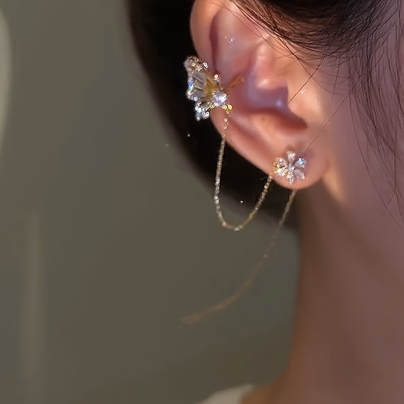 Butterfly Rhinestone Chain Earrings, Stylish Clip-On Design