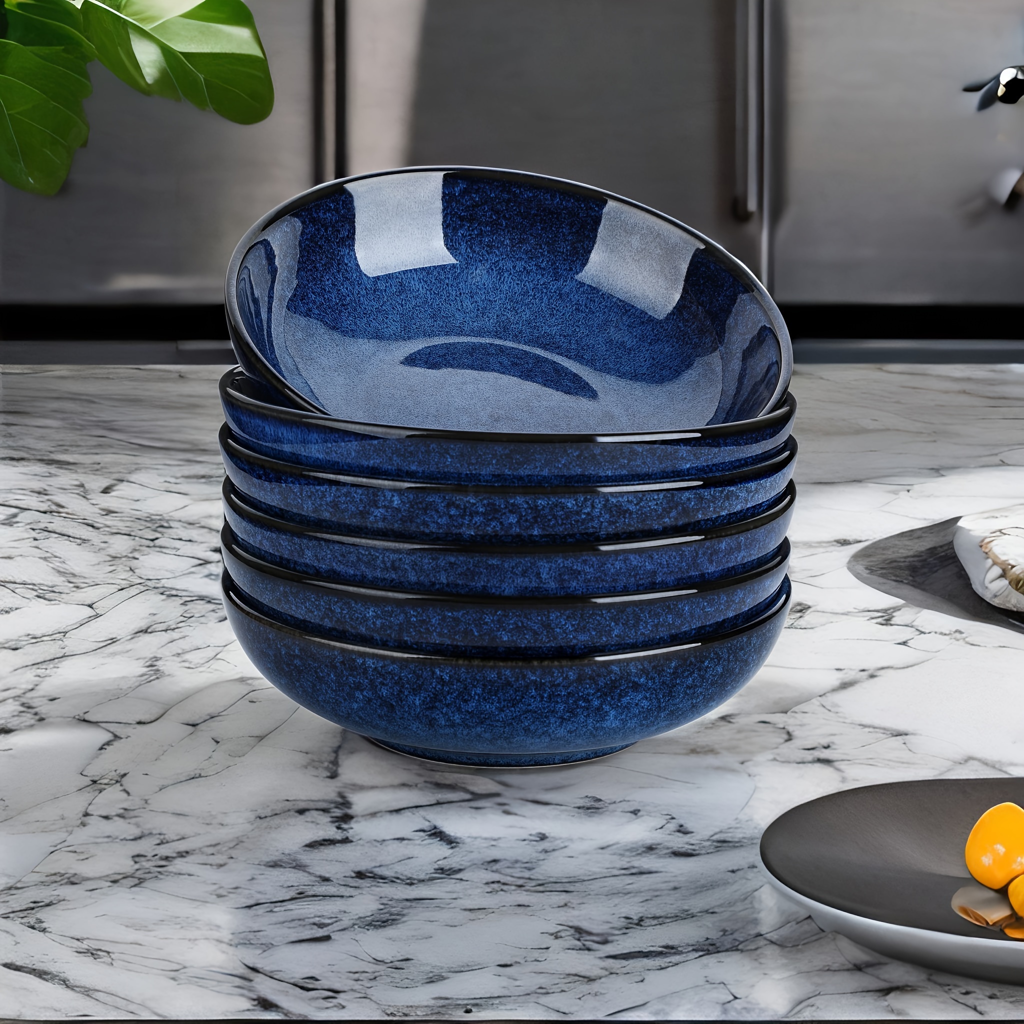 Image of 6pcs Bowl Sets, 38 Oz Large Salad Bowls For Serving, Microwave Oven Safe Soup Bowls For Kitchen, Blue Stoneware Bowl Set