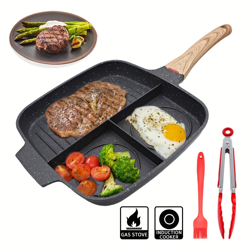 TEMU Nonstick Grill Pan For Stove Tops, 10.5 Inch Sectional , Divided Pan For Breakfast, Square Grill With Silicone Brush & Clip, Compatible With All Stovetops (black)