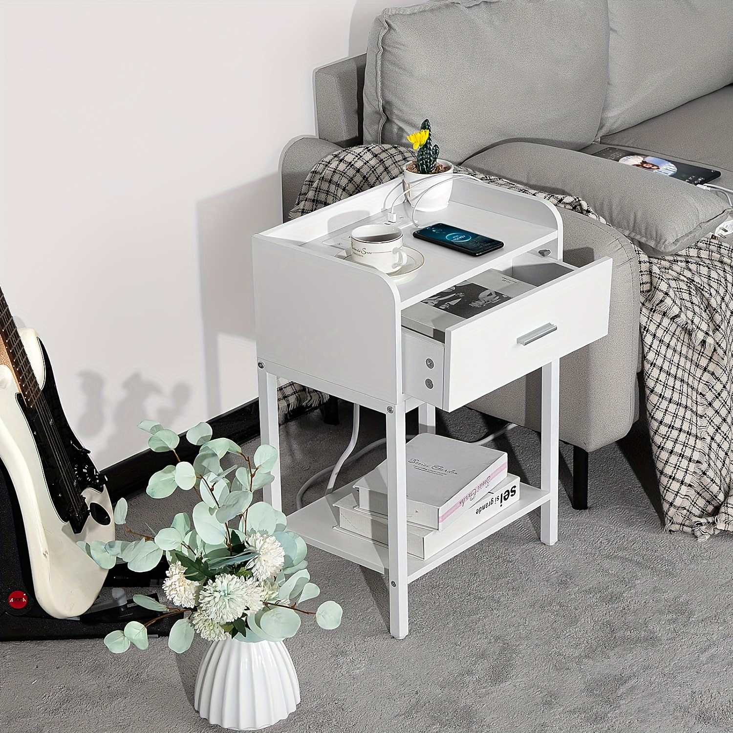 

Lerliuo White Nightstand With Charging Station, Small Bedside Tables With Usb And Power Outlets, Modern End Table With Drawer, For Bedrooms, Offices, Small