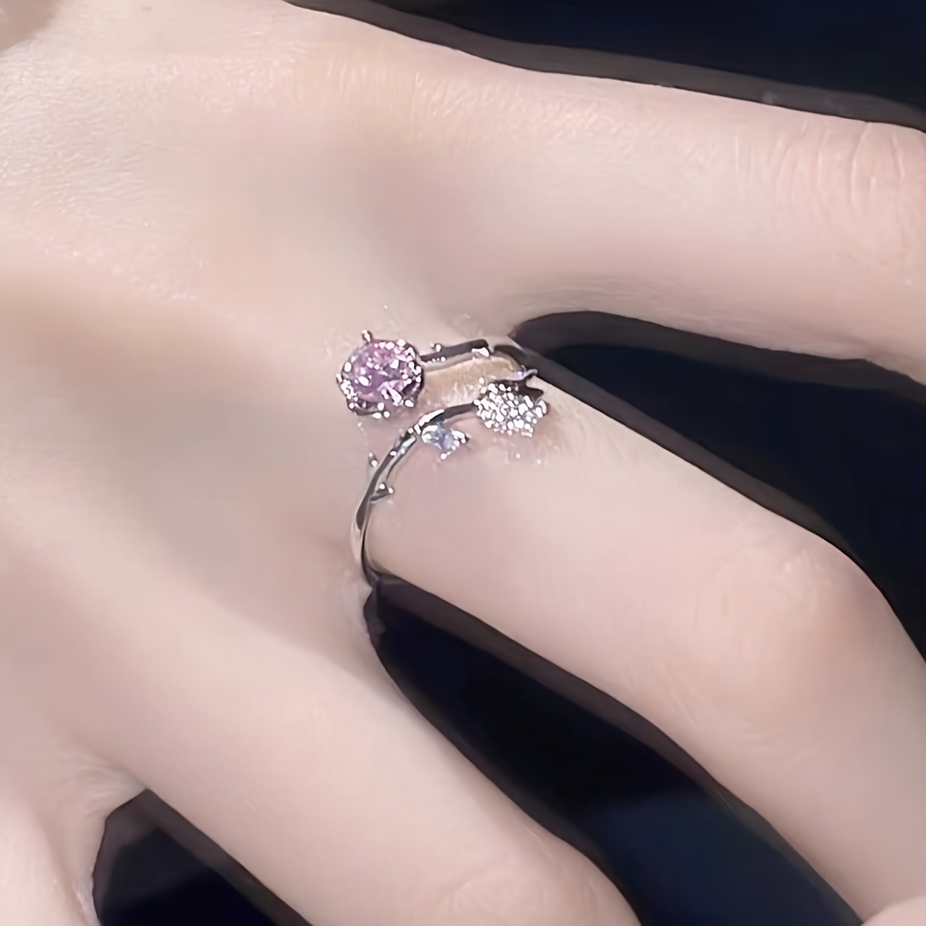 Women's Pink Dainty Adjustable Zirconia Rose Ring, Boho Style