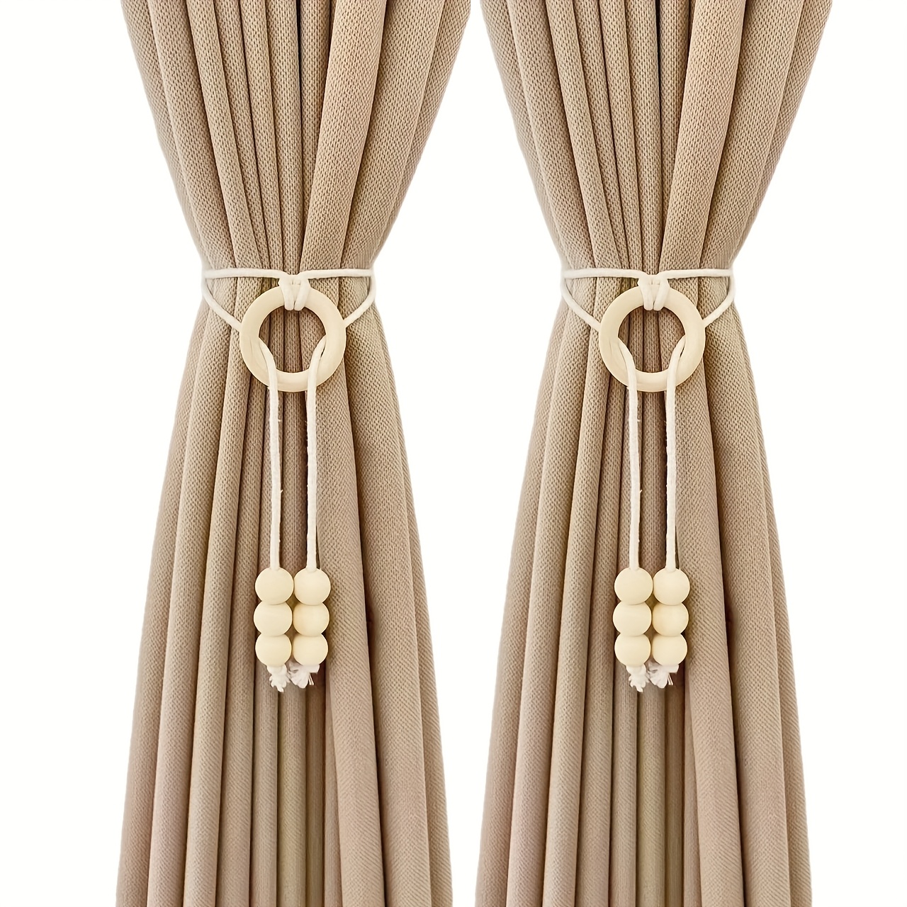 Image of 2pcs Curtain Tiebacks With Wooden Rings, Beads, And Tassels, Nordic Style Simple Curtain Holdbacks With Decorative Tassels
