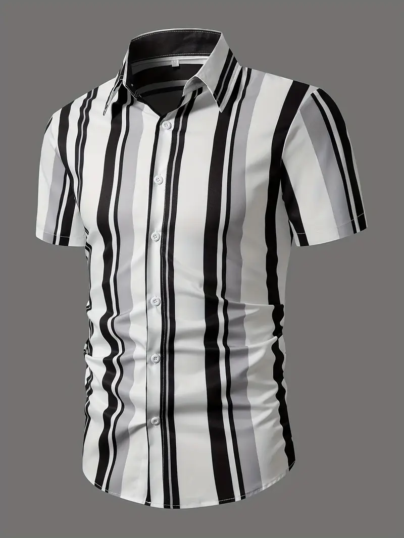 Men's Casual Short Sleeve Striped Shirt - Black & White Contrast Button-Up Summer Shirt