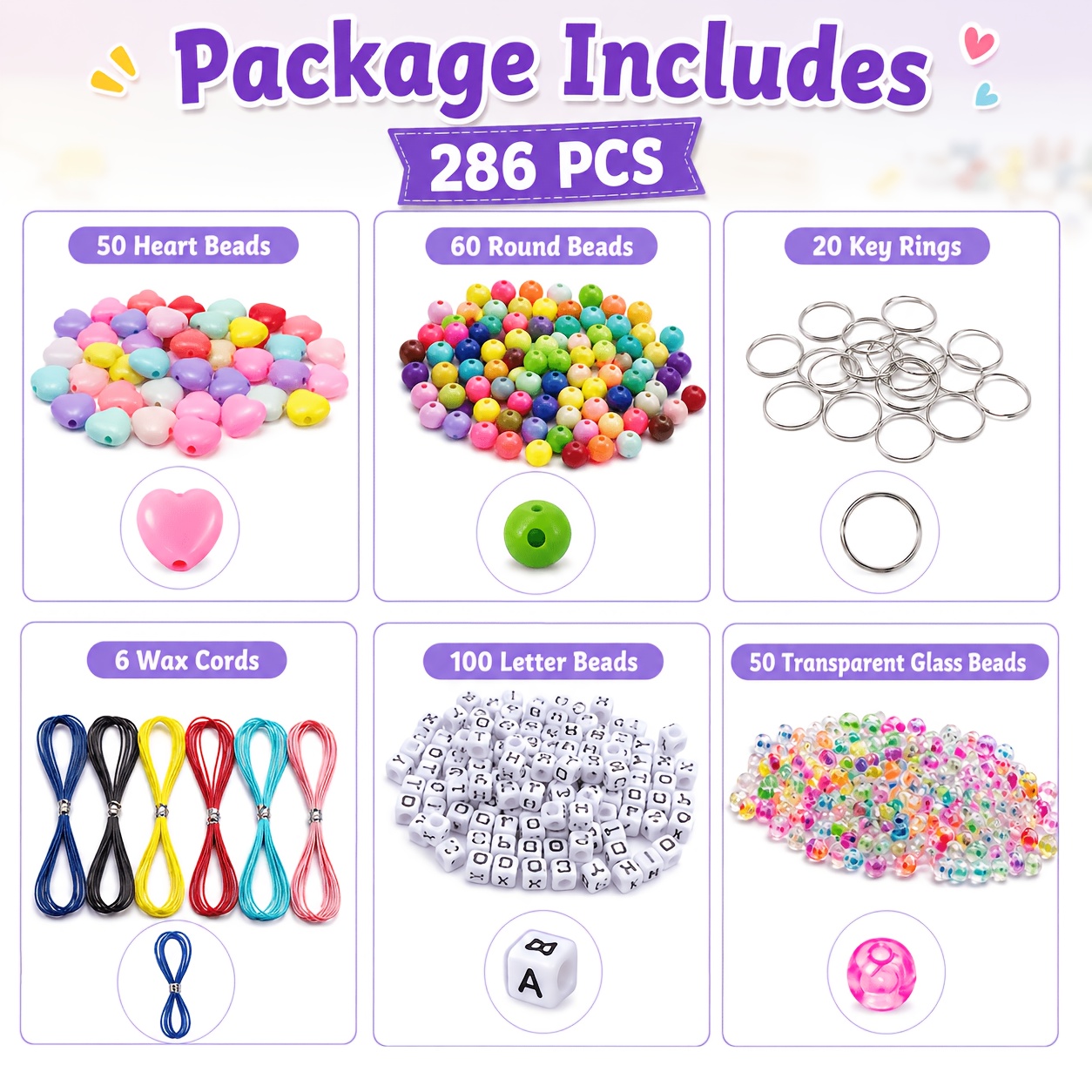 TEMU 286pcs Letter Bead Keychain Material Pack Colorful Round Beads Transparent Beads Wax Thread Key Ring Handmade Knitting Jewelry Additions Set