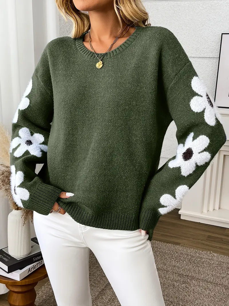 floral patterned crew neck knit sweater elegant and chic polyester blend knit fabric 359 g m Product details 3