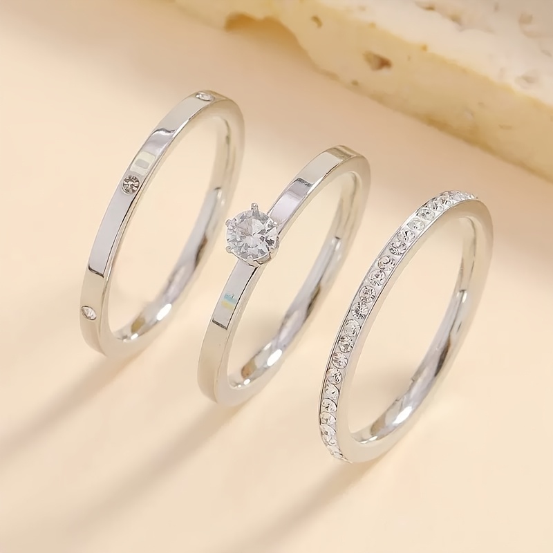 TEMU A Set Of 3 Stainless Steel Rings, Inlaid With Rhinestones, Featuring An Exquisite And Elegant Style. Niche Rings. Arc-polished Rings. Couple's