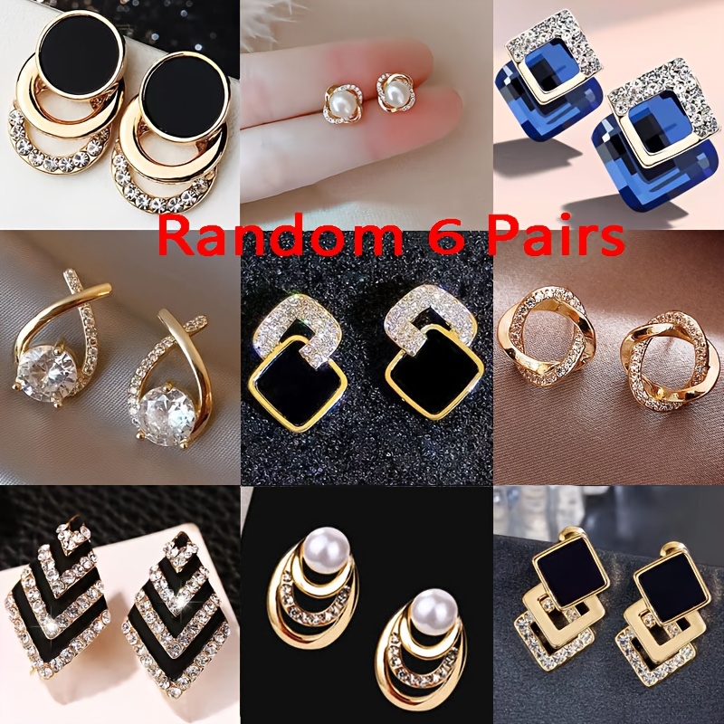 TEMU Random 6 Pairs Vintage Fashion Golden Square Pearl Inlaid Twisted Knot Stud Earrings Square Earrings Women's Elegant Temperament Light Luxury