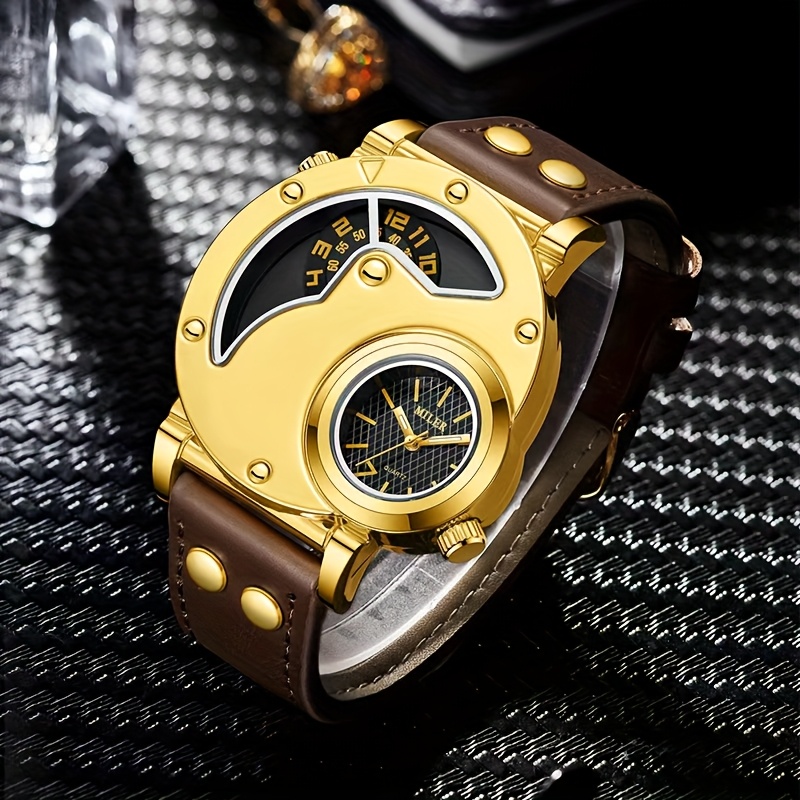 Elegant Men's Quartz Watch with Dual Time Display - Golden-Tone, Faux Leather Strap, Business Style