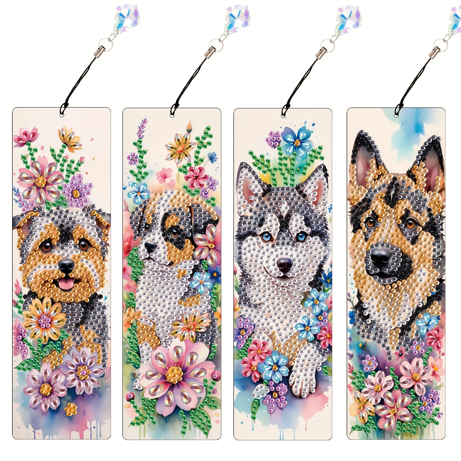 Image of Diy Diamond Painting Bookmark Set - 4 Cute Dog Patterns With Sparkling Crystal Pendants, Suitable For Beginners, For Home And Office Use