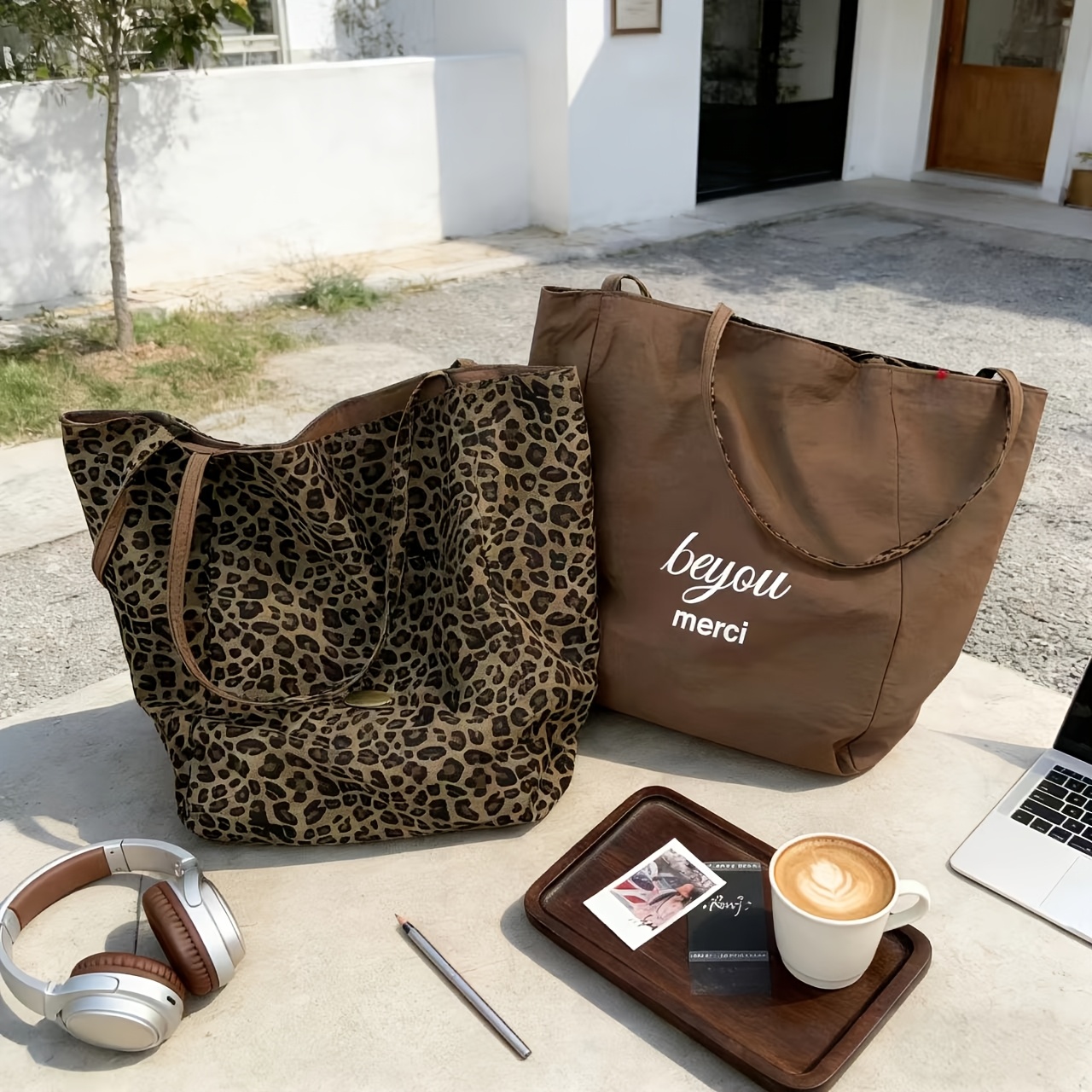 TEMU Dual-sided Tote Bag: Leopard Print And Solid Canvas - Fashionable Large Capacity Shoulder Bag For School, Travel, And Everyday Use