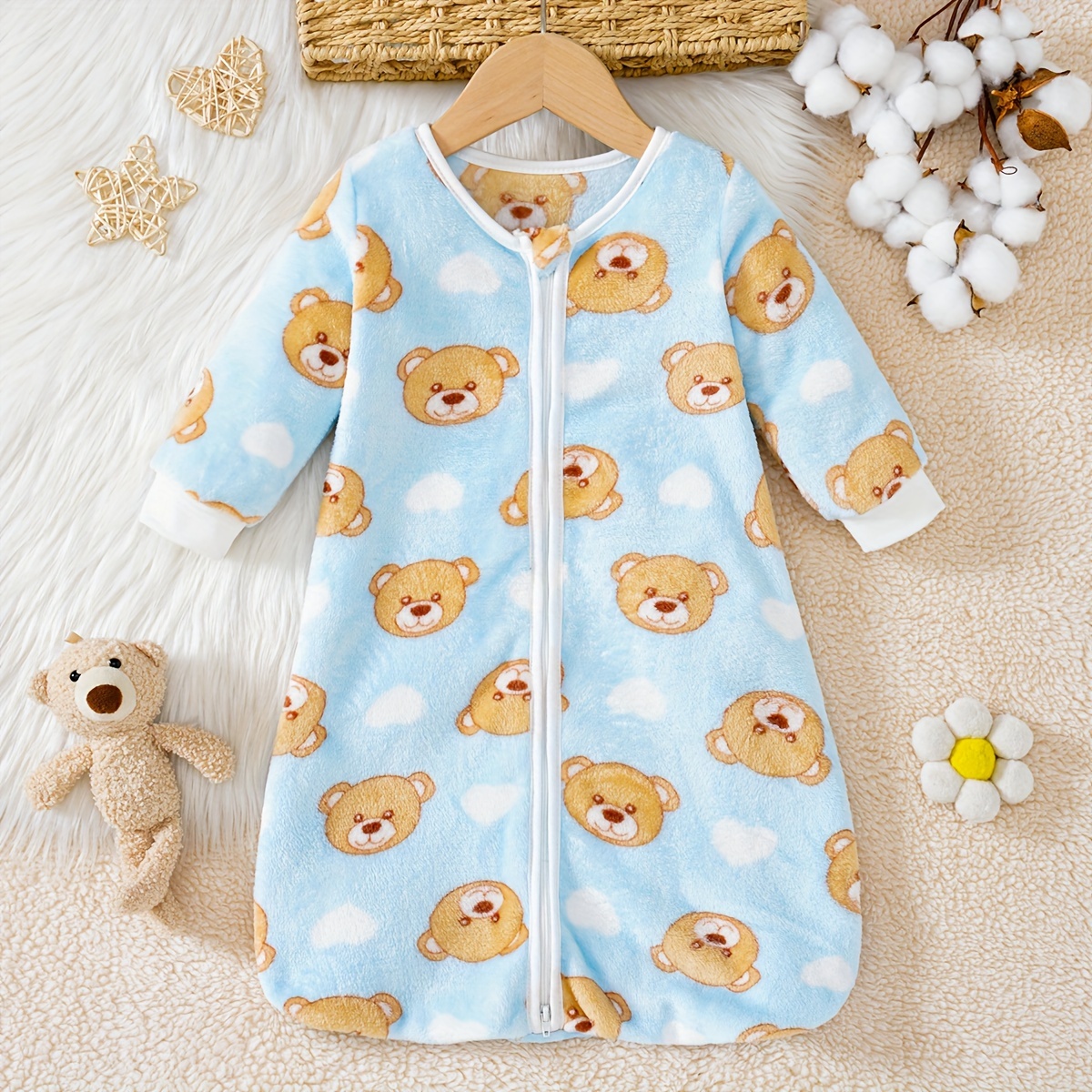 Image of Bear Long Sleeve Flannel Fleece Double-way Zipper Hidden Zipper Autumn Winter Warm Anti-kick Soft Comfortable