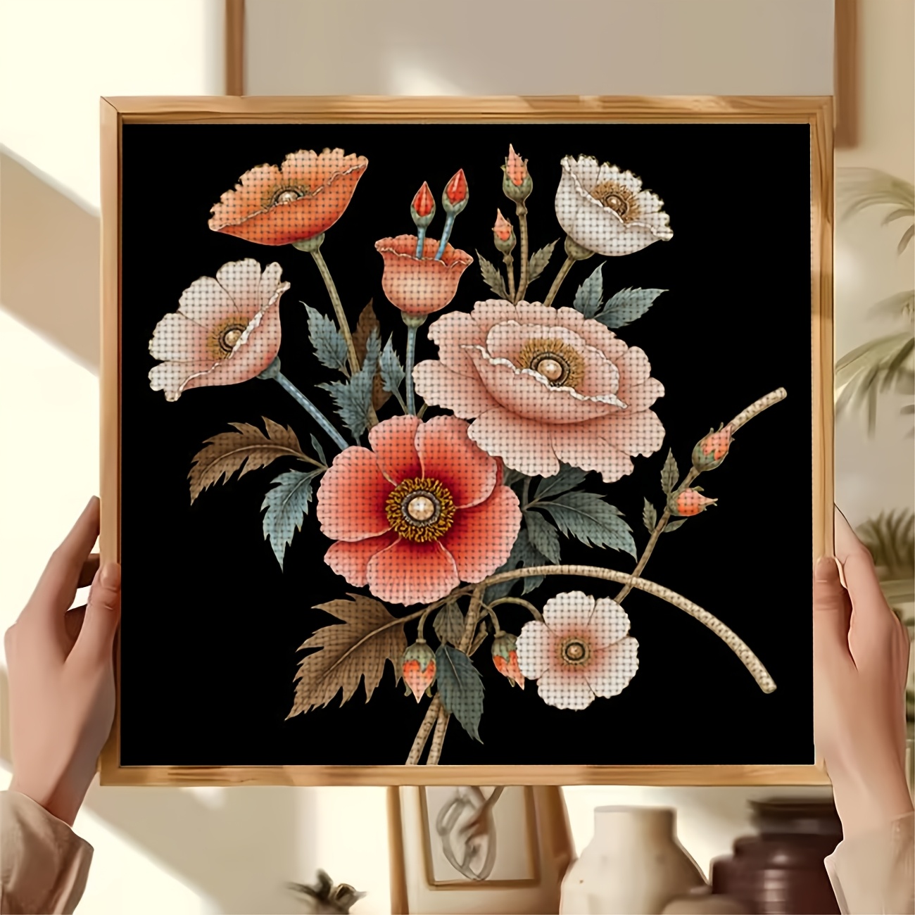 Cross-Stitch Printing Kit, Colorful Bouquet on Black Background