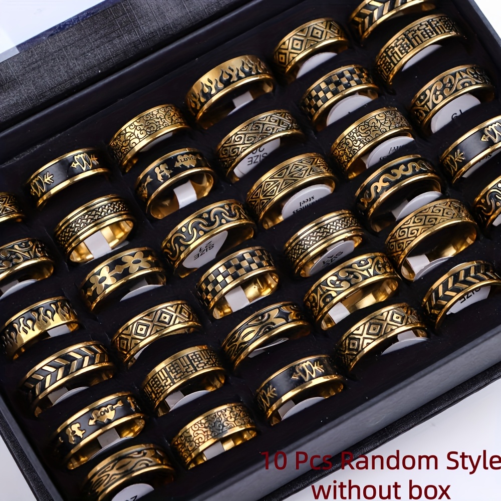 TEMU 10 Anillos de Acero Inoxidable Vintage de con Goteo, Joyería Unisex para Fiestas, Accesorios de Regalo al por Mayor, Estilos Aleatorios, No