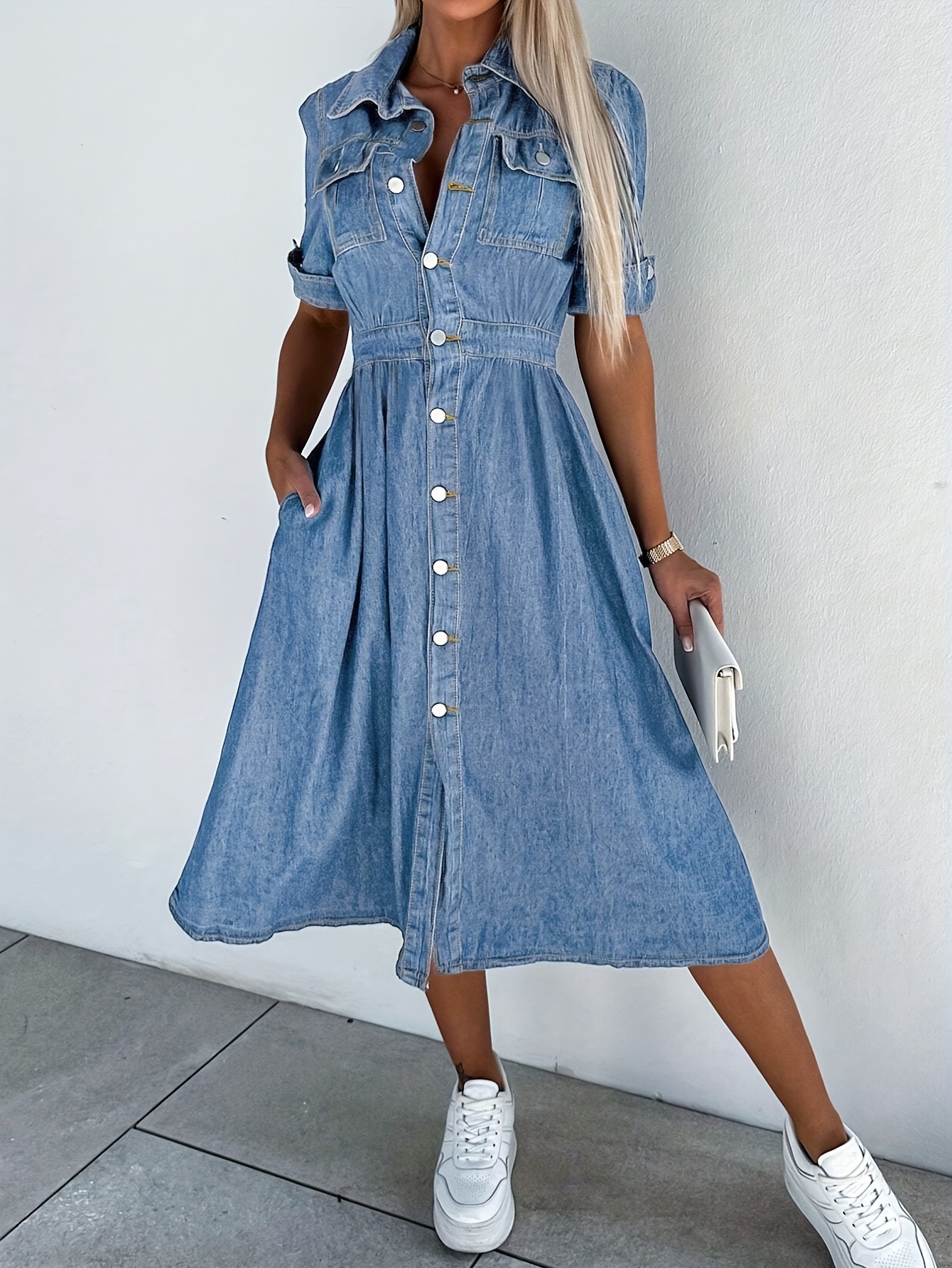 Women's waist a-line Jean Dress Row button V-neck dress