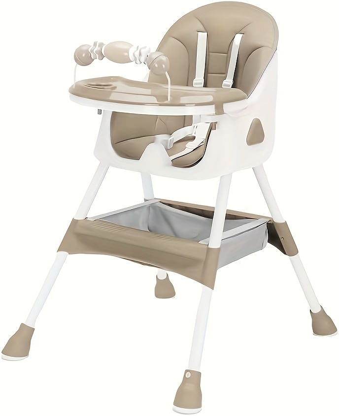 Adjustable Portable Dining Chair with 5-Point Harness, Tray & Wheels - Multi-Functional Eat, Drink & Play Seat with Ergonomic Backrest, Soft Cushioned Seat & Footrest - Modern Safety High Chair for Boys & Girls (Grey//Beige/Navy ) - Easy Assembly Required