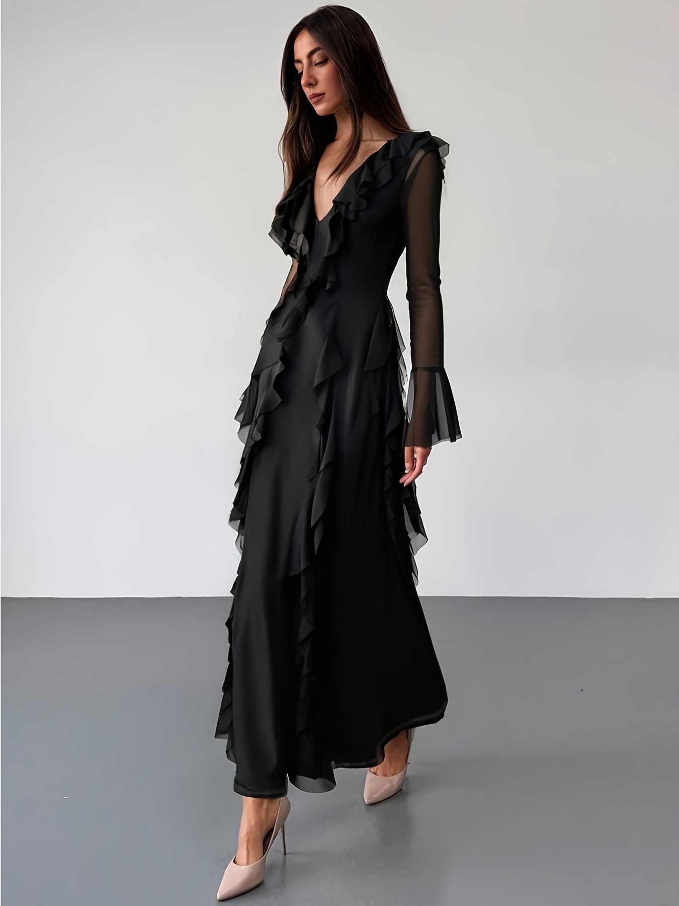 embroidered floral black dress Embroidered prom women dress Black main image 0