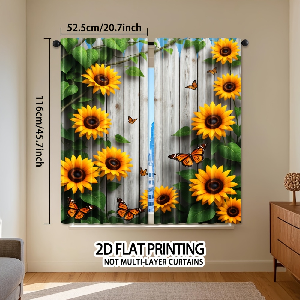 TEMU 2d Flat,2pcs Butterflies And Sunflowers Print Curtains Polyester Rod Light Filtering Ideal For Bedroom Living Room Office Modern And