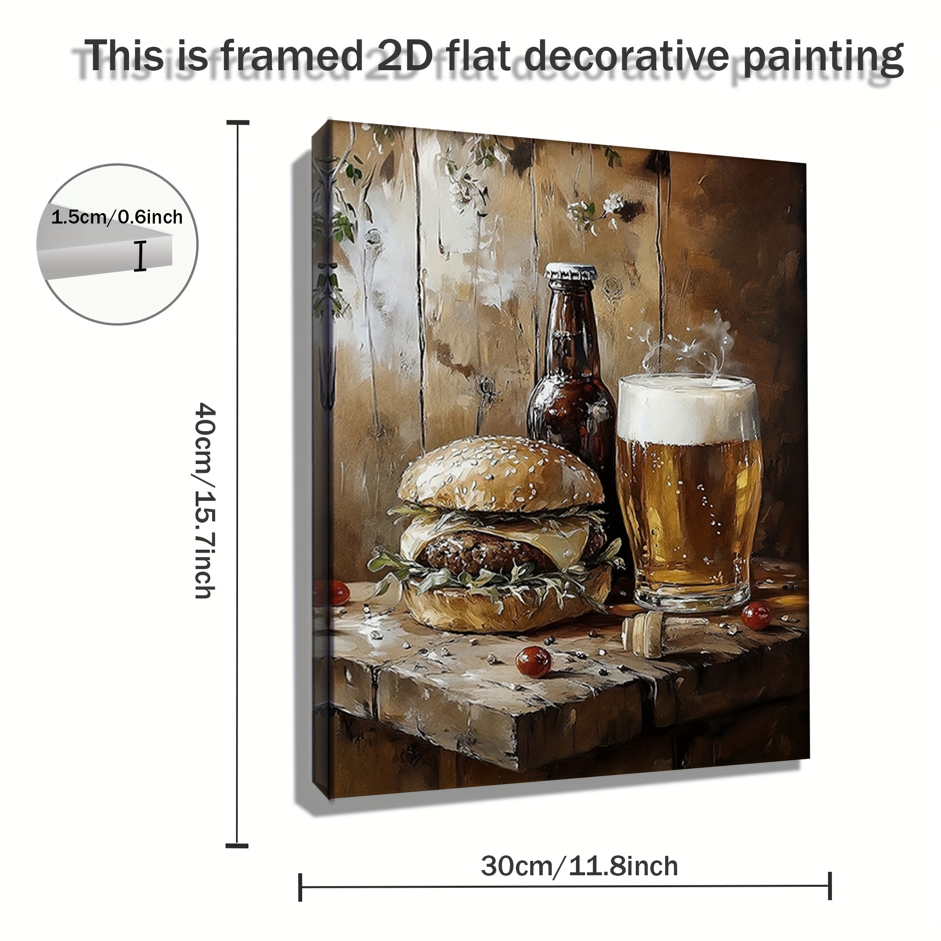 TEMU 2d Flat, 1pc & Beer Painting - Realistic Hamburger & Beer Mug Wall Art With Rustic Wood Frame, Antique , For Cave, Dining Room Decor - 11.8x15.7