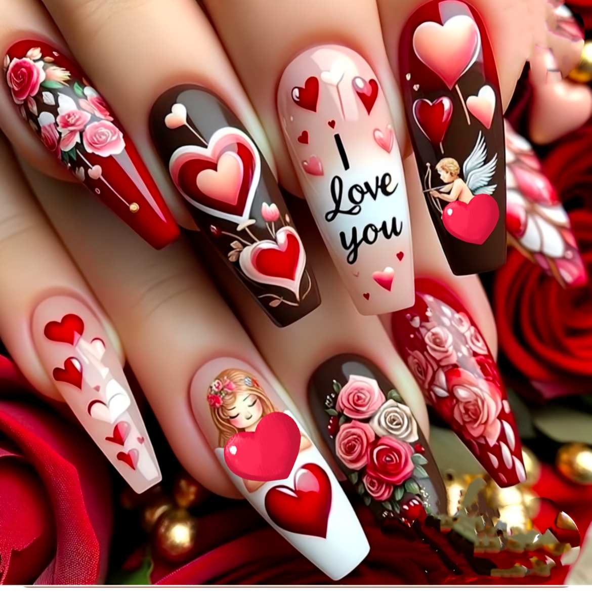 

Valentine's Day 24pcs Press-on Nails Set - , Heart & Cupid Designs With , Medium , Colors, Removable, Ballet